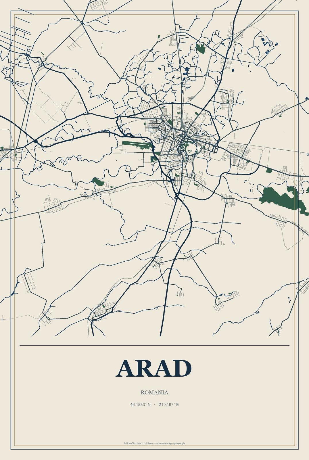 Arad, Romania City Map Aluminum Sign in Coastal Cutout style