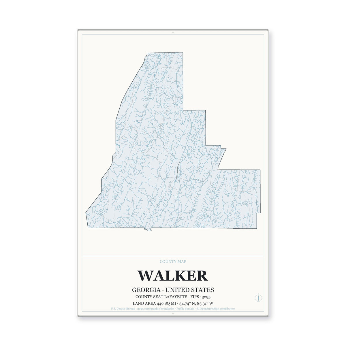 Walker County, Georgia Map Aluminum Sign in Gallery Air style