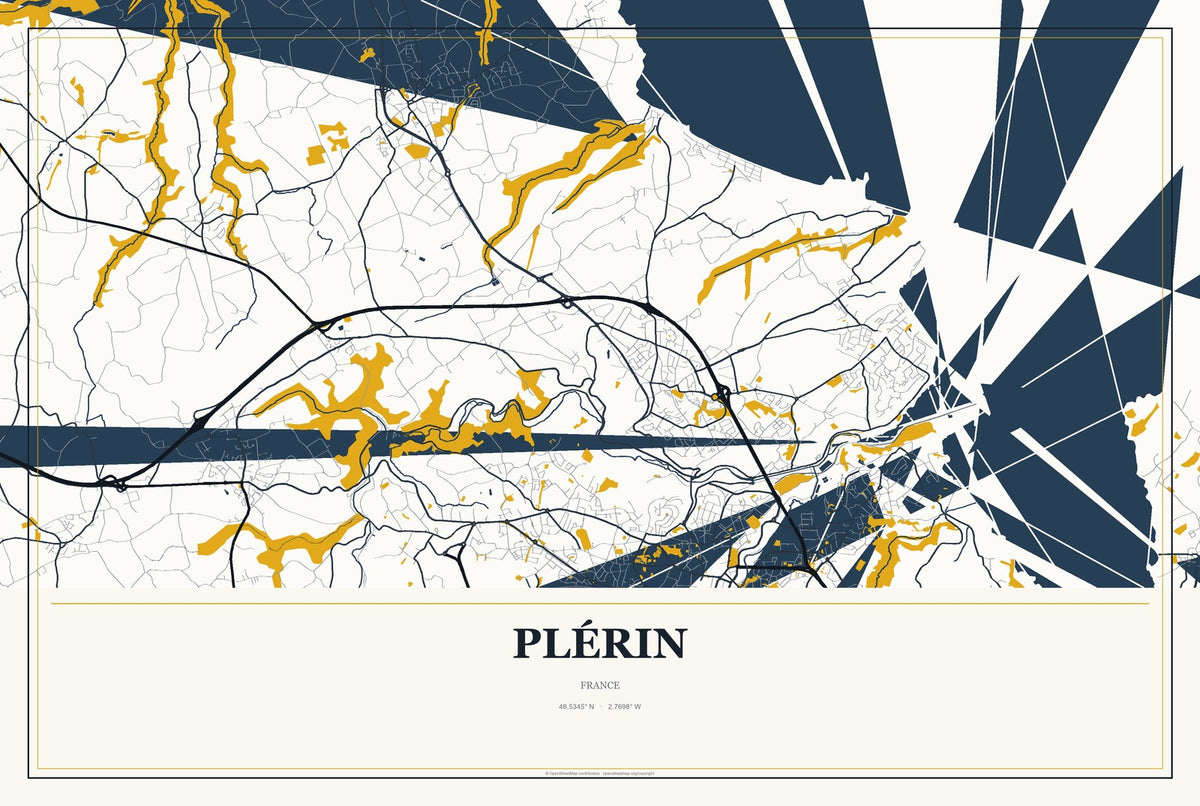 Plérin, France City Map Aluminum Sign in Citrine Modern style