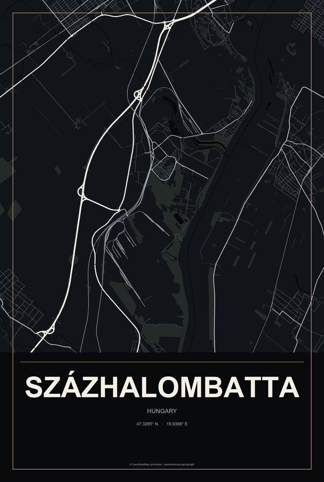 Százhalombatta, Hungary City Map Aluminum Sign in Metropolitan Noir style