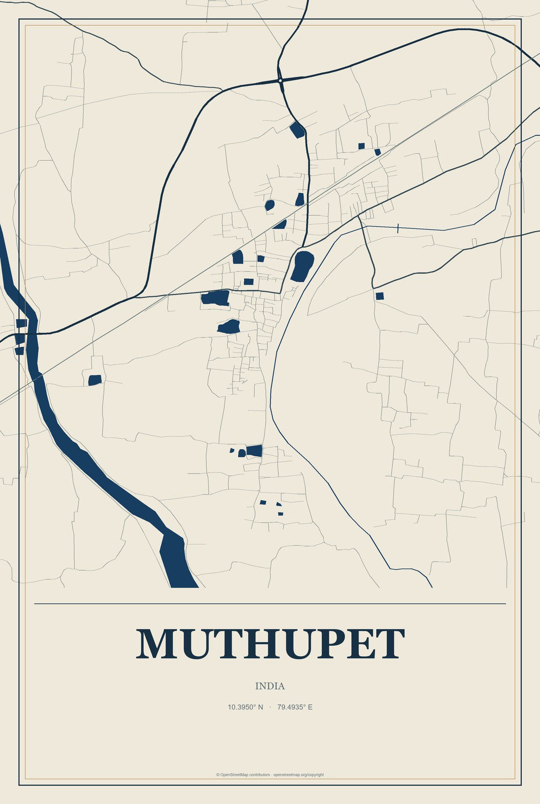 Muthupet, India City Map Aluminum Sign in Coastal Cutout style