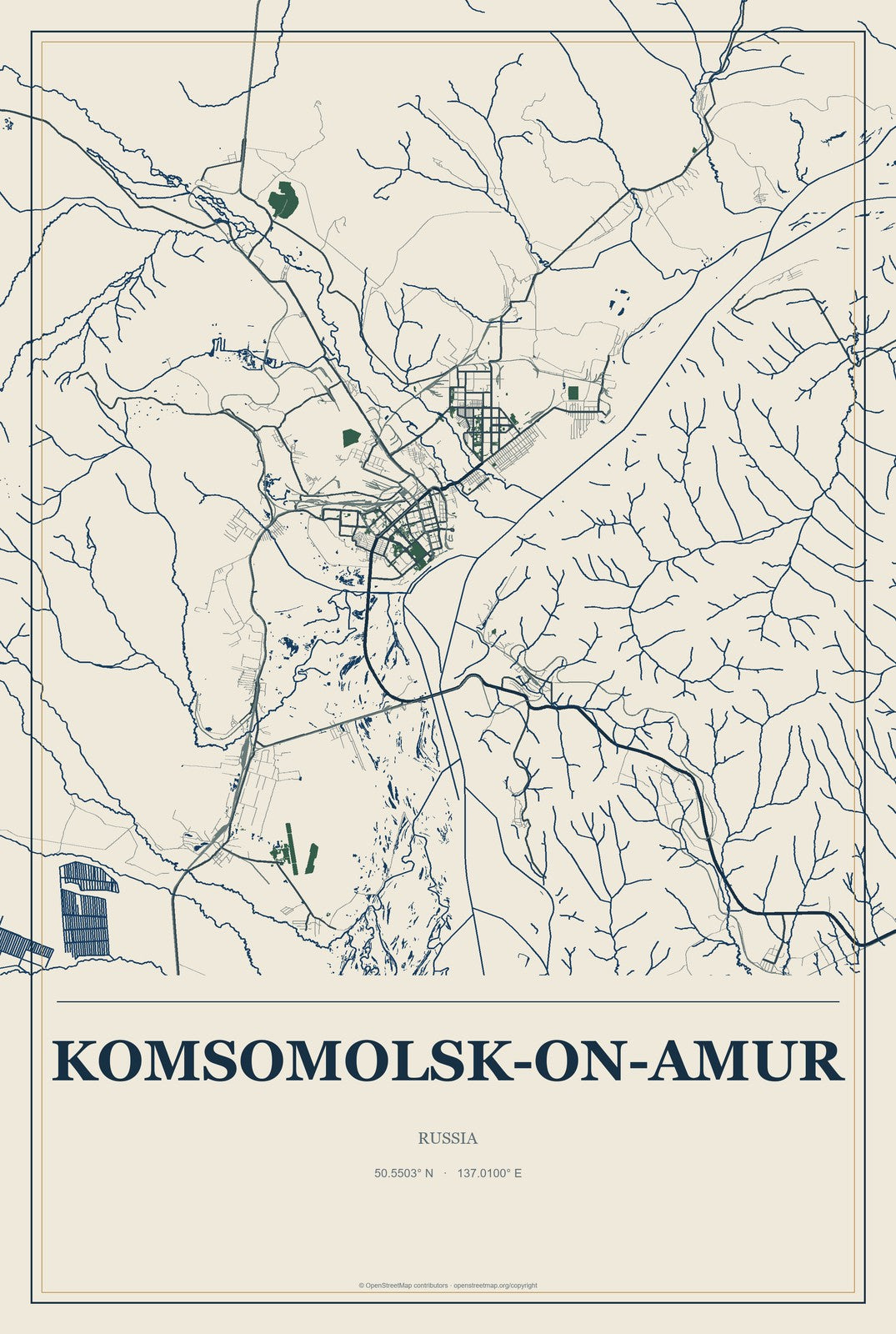 Komsomolsk-on-Amur, Russia City Map Aluminum Sign in Coastal Cutout style