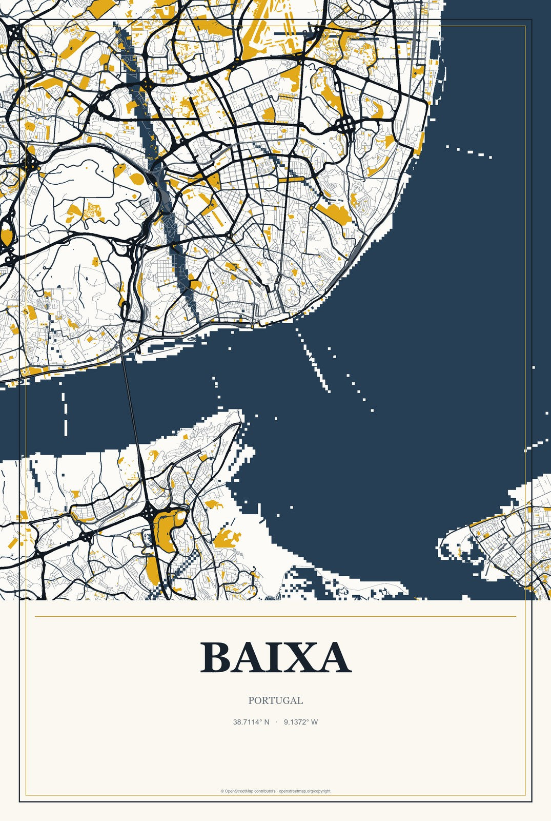 Baixa, Portugal City Map Aluminum Sign in Citrine Modern style
