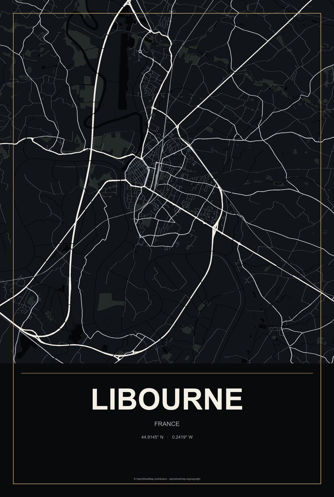 Libourne, France City Map Aluminum Sign in Metropolitan Noir style