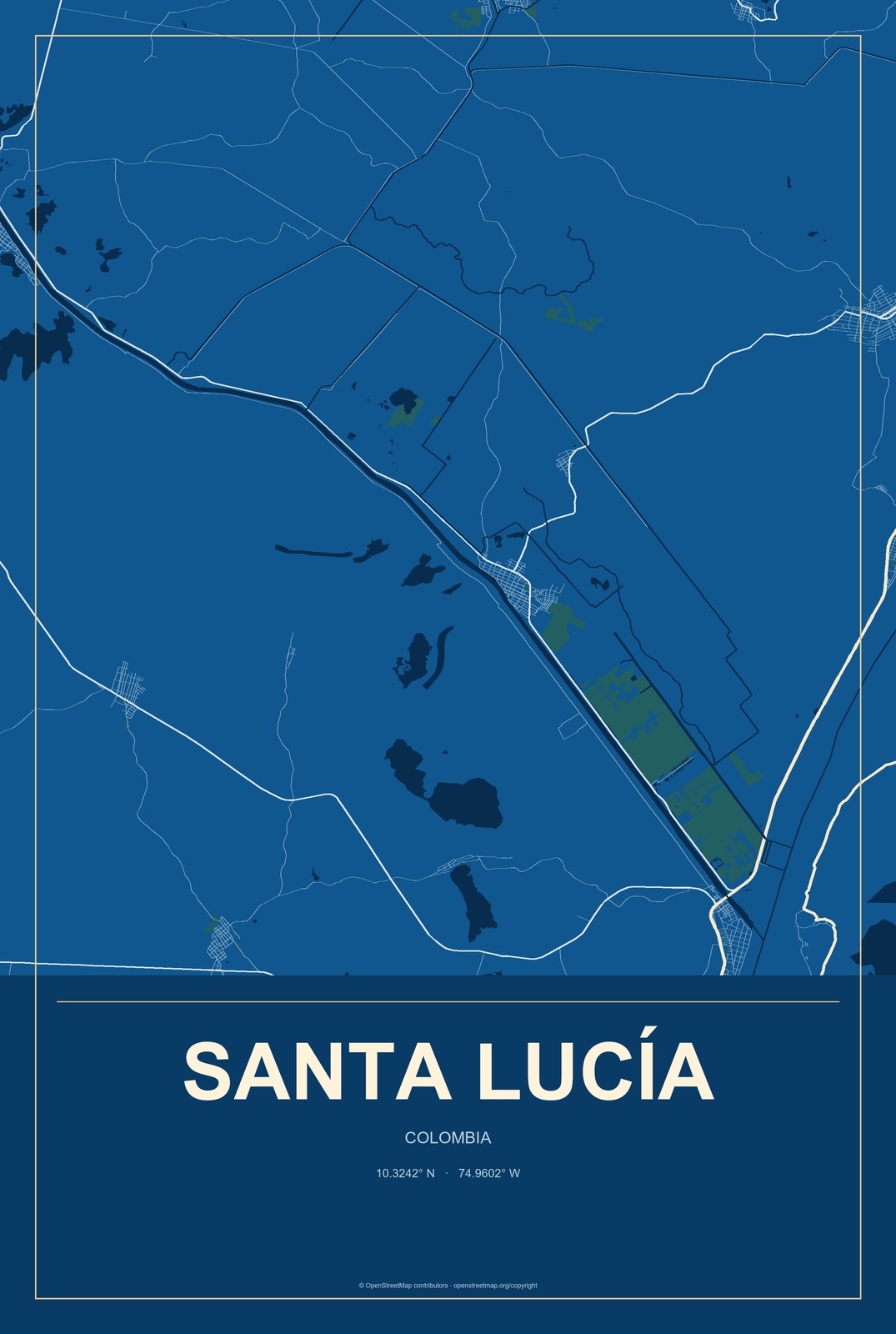 Santa Lucía, Colombia City Map Aluminum Sign in Harbor Cobalt style
