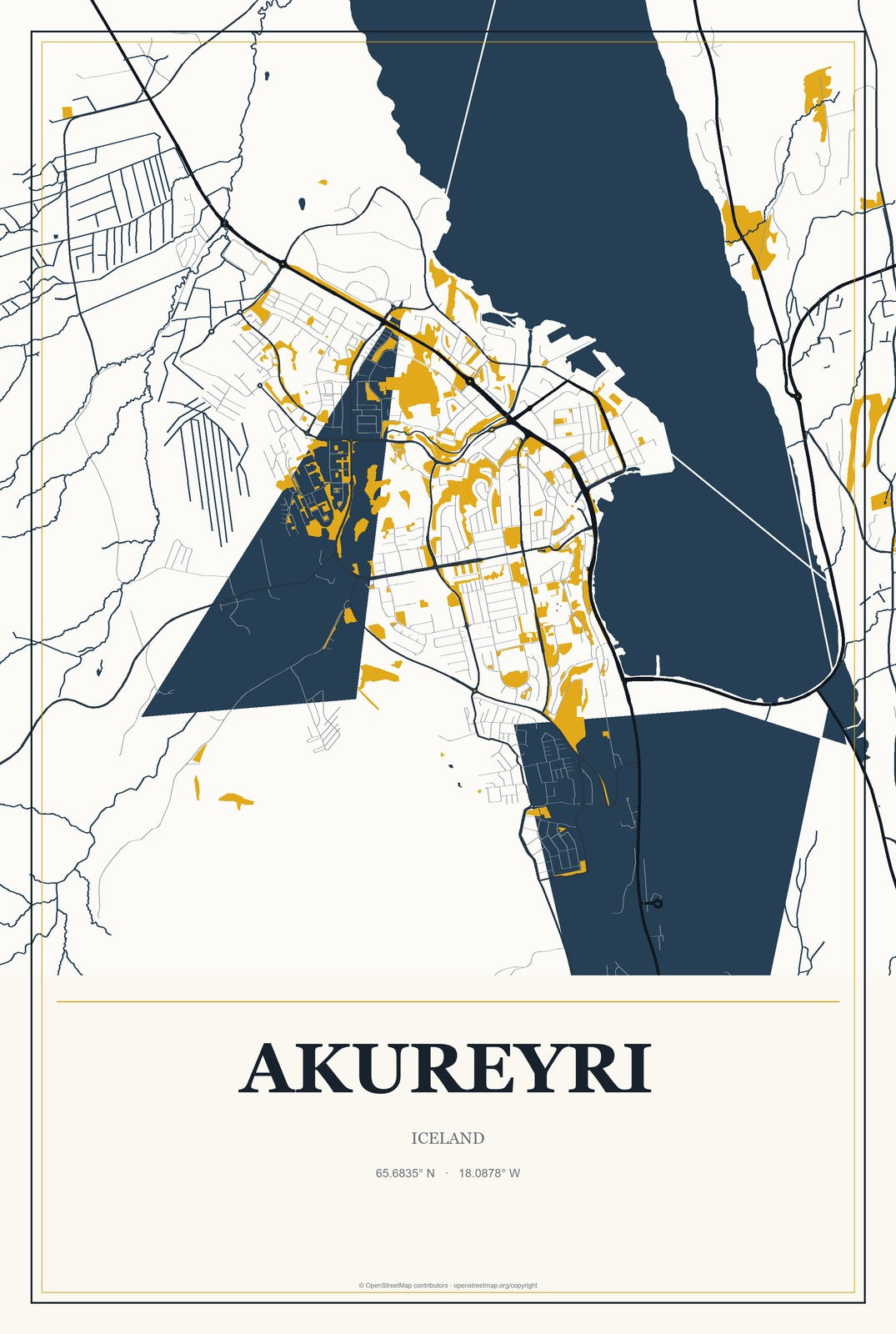 Akureyri, Iceland City Map Aluminum Sign in Citrine Modern style