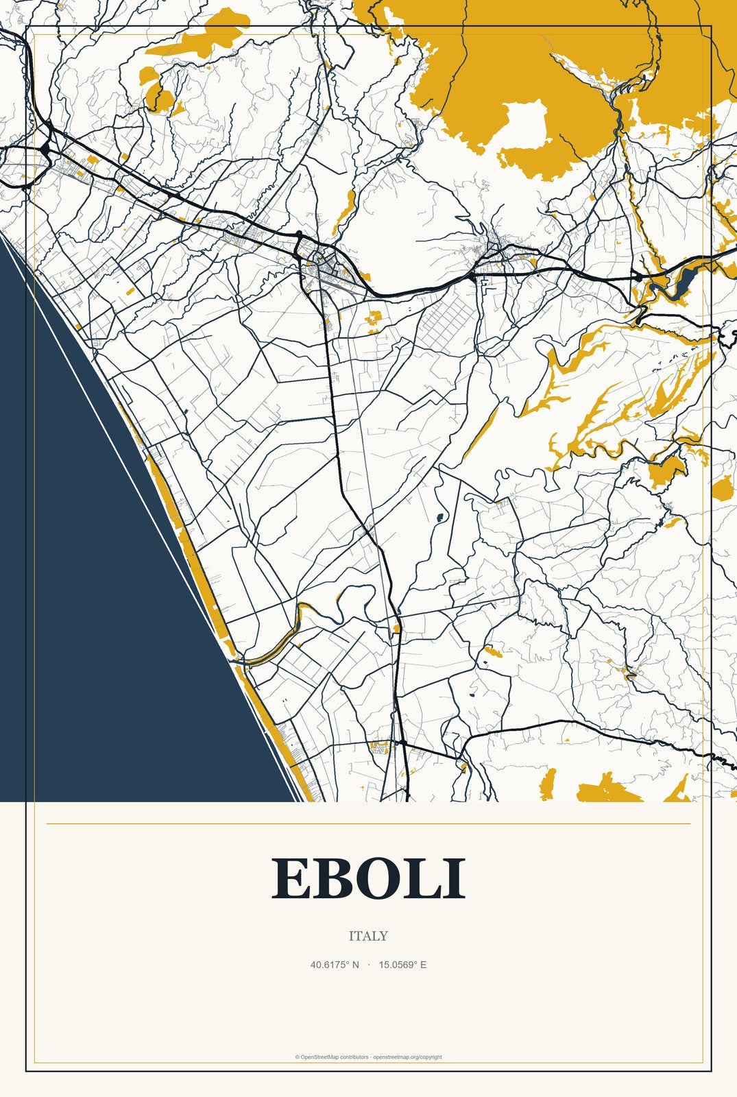 Eboli, Italy City Map Aluminum Sign in Citrine Modern style