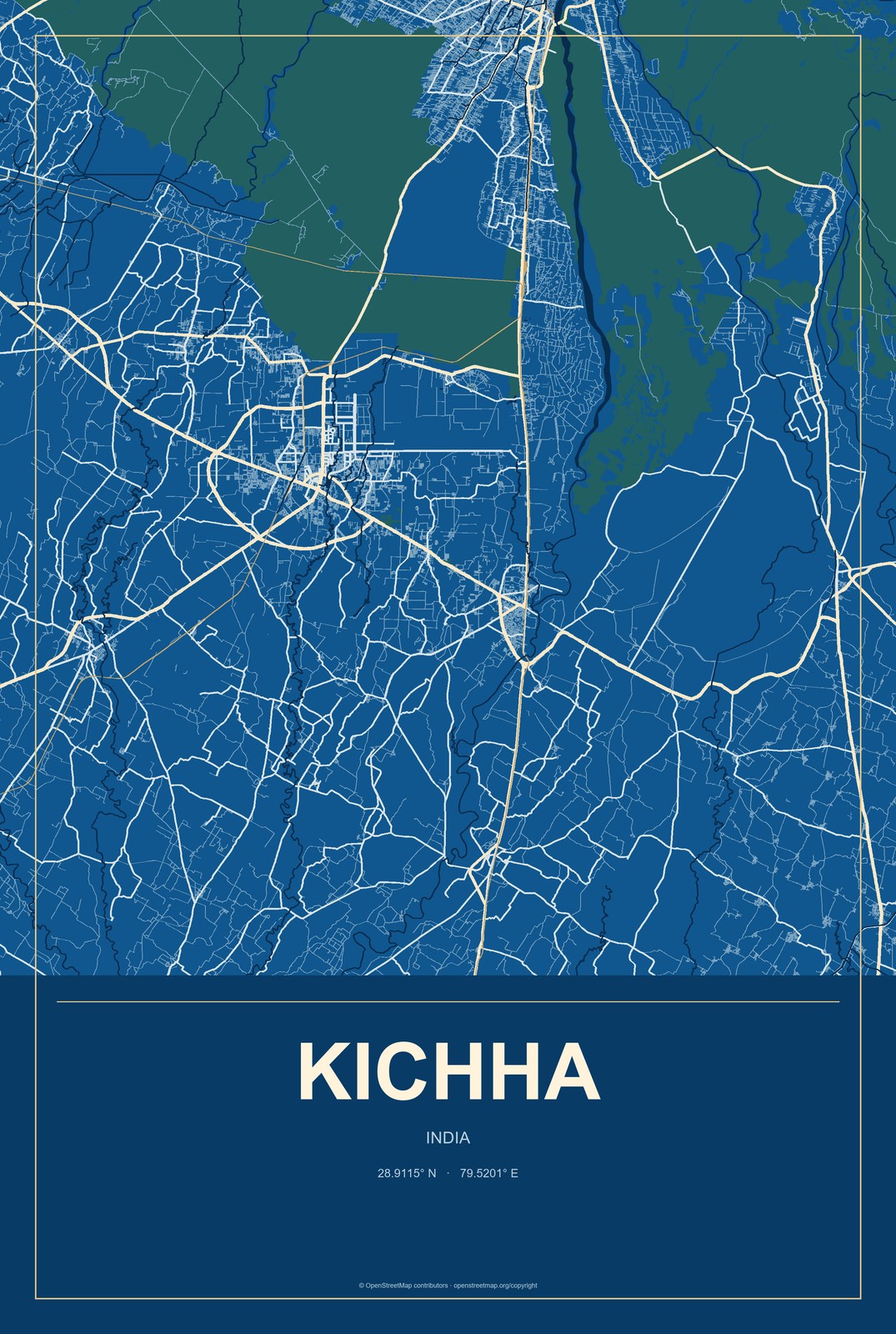 Kichha, India City Map Aluminum Sign in Harbor Cobalt style