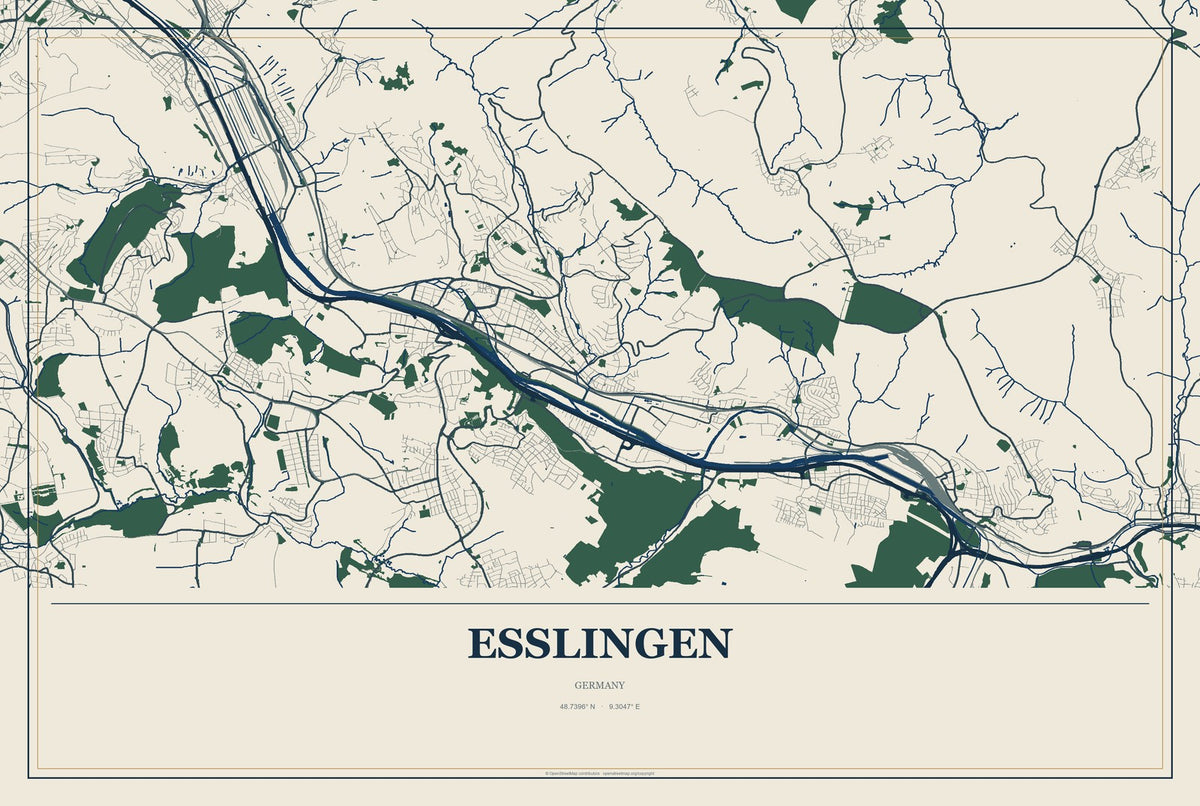 Esslingen, Germany City Map Aluminum Sign in Coastal Cutout style