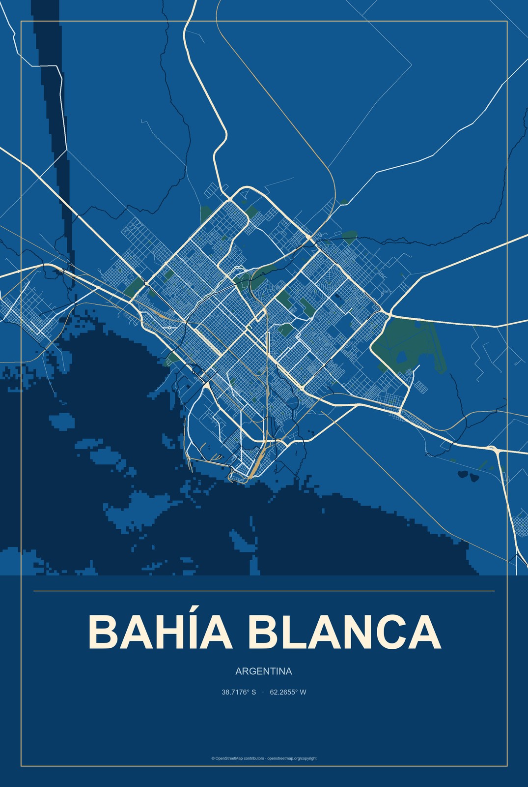 Bahía Blanca, Argentina City Map Aluminum Sign in Harbor Cobalt style