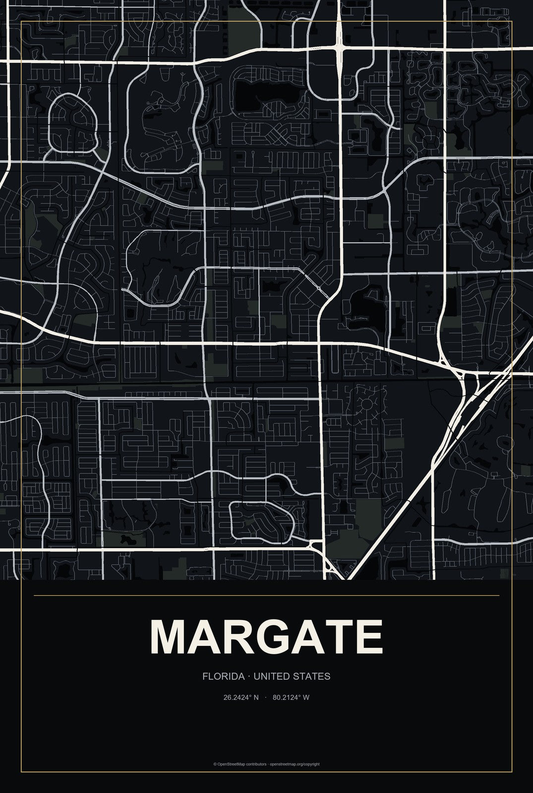 Margate, Florida City Map Aluminum Sign in Metropolitan Noir style
