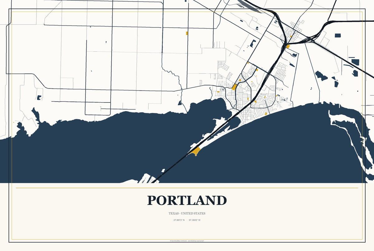 Portland, Texas City Map Aluminum Sign in Citrine Modern style