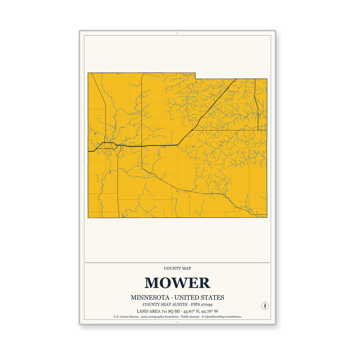 Mower County, Minnesota Map Aluminum Sign in Citrine Modern style