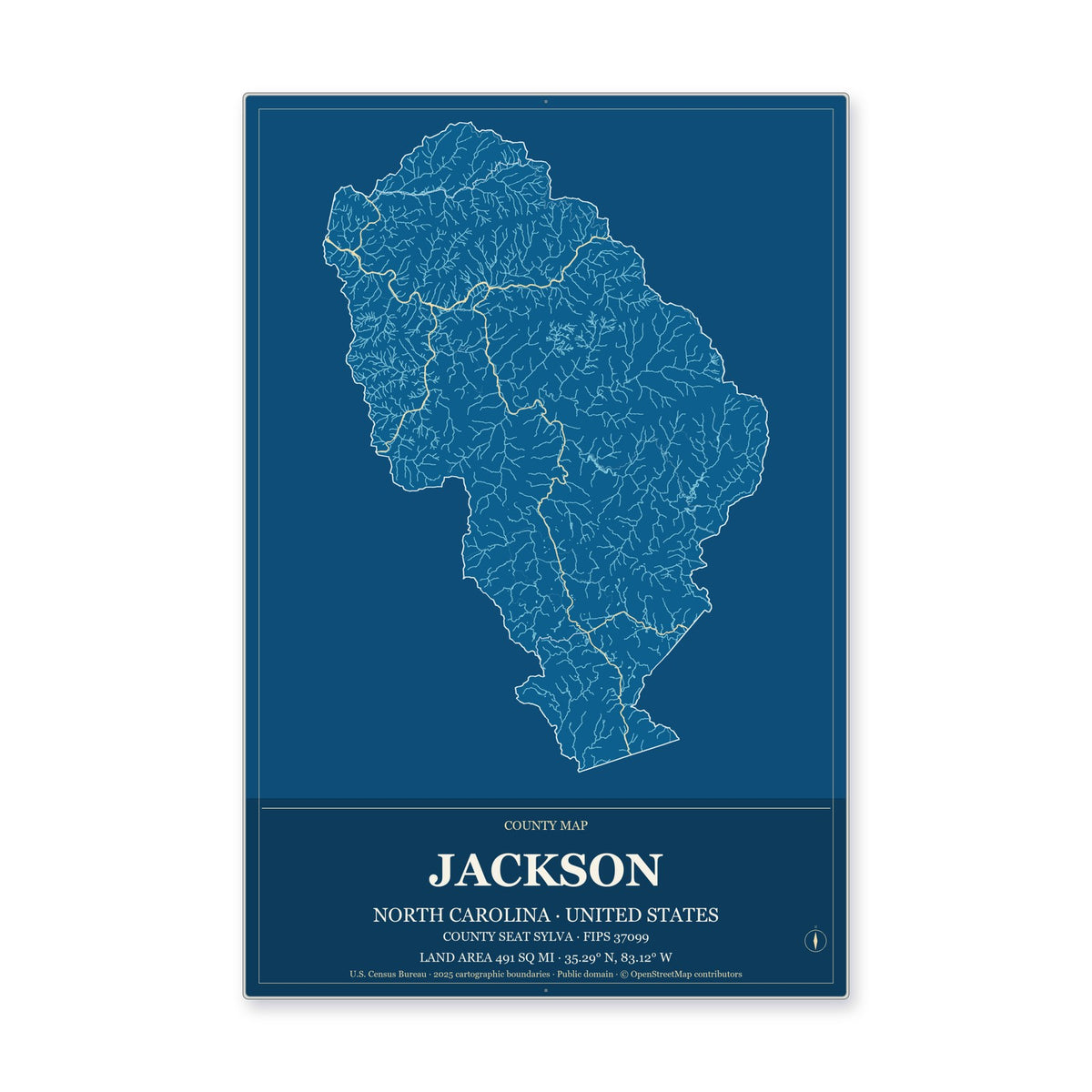 Jackson County, North Carolina Map Aluminum Sign in Harbor Cobalt style