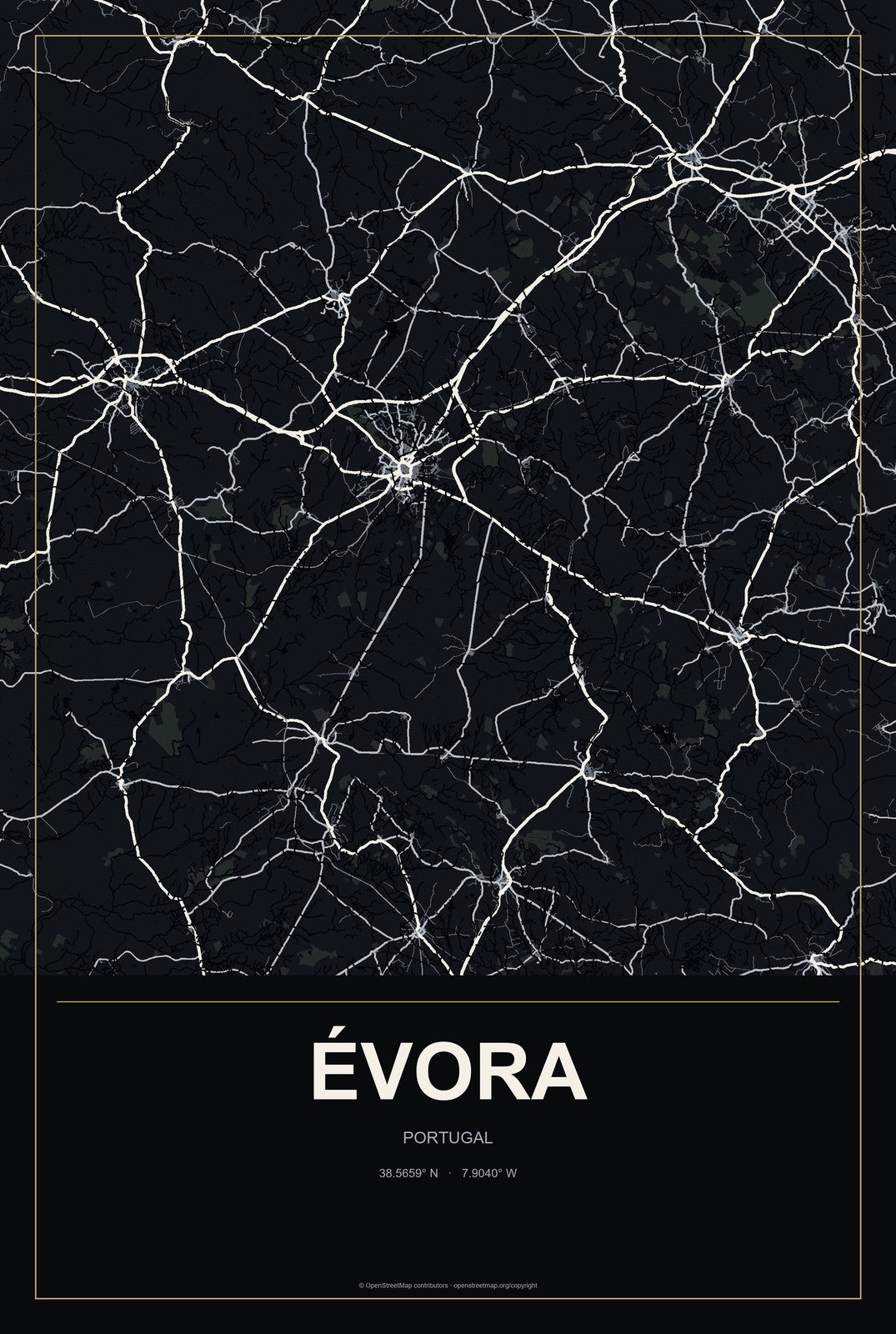 Évora, Portugal City Map Aluminum Sign in Metropolitan Noir style