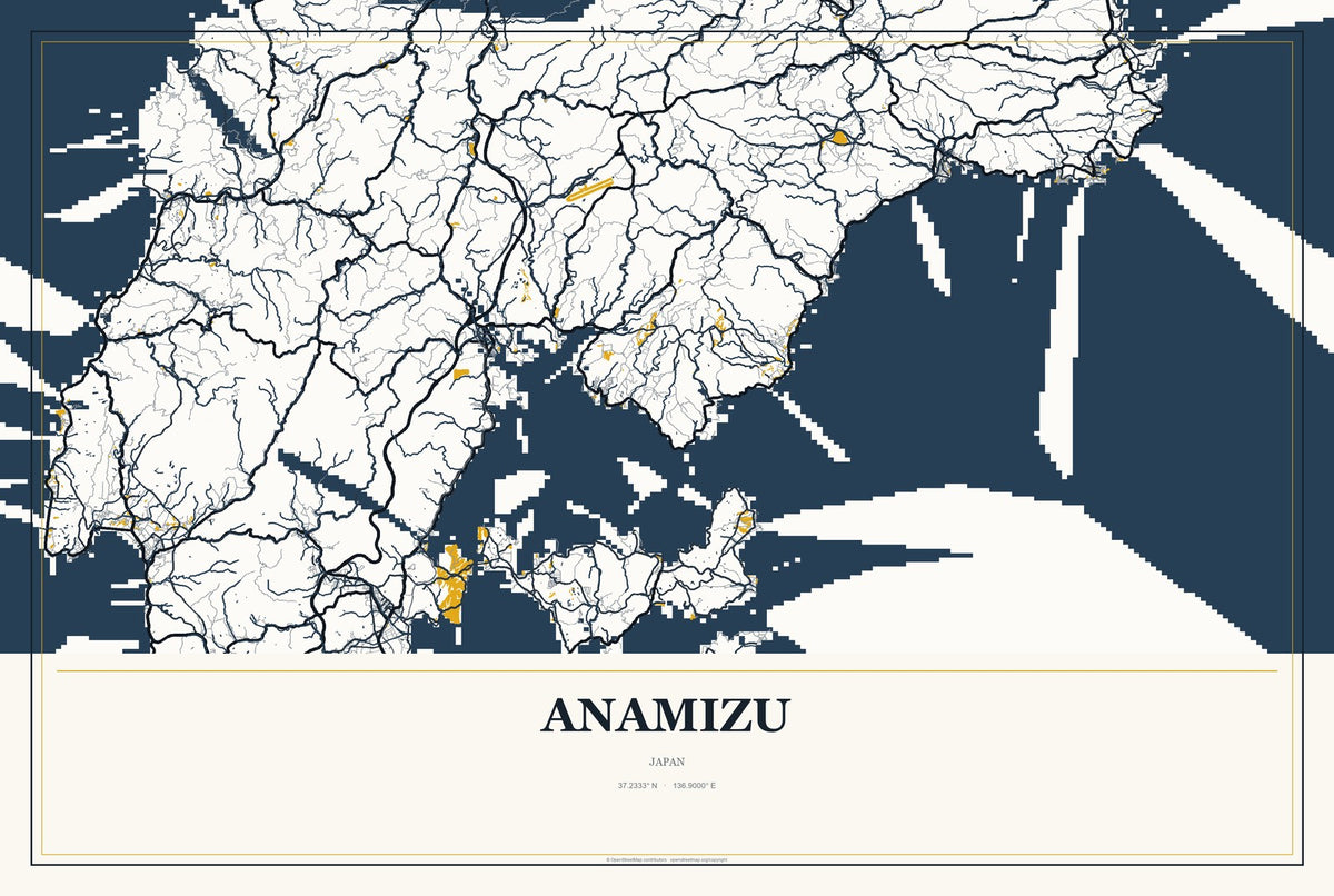 Anamizu, Japan City Map Aluminum Sign in Citrine Modern style