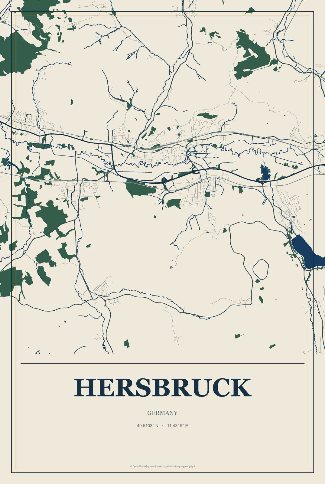 Hersbruck, Germany City Map Aluminum Sign in Coastal Cutout style