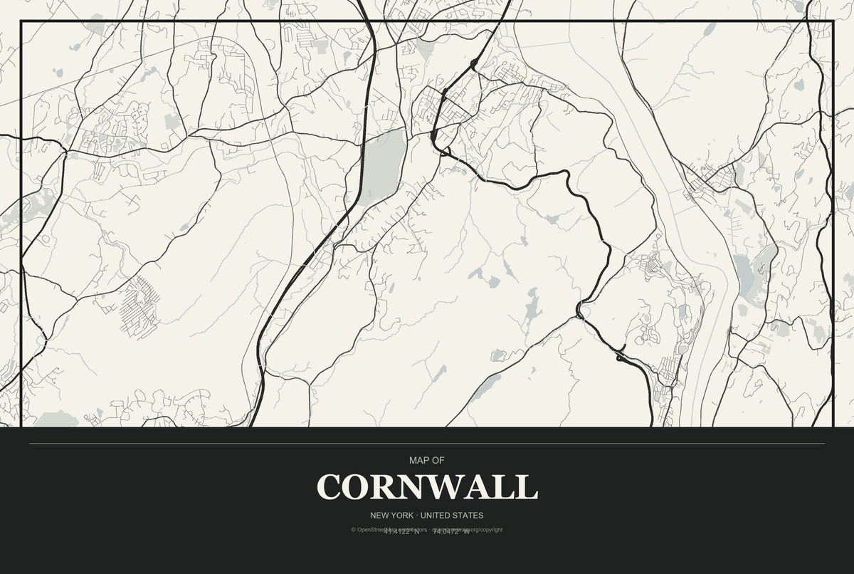 Cornwall, New York City Map Aluminum Sign in Museum Plaque style