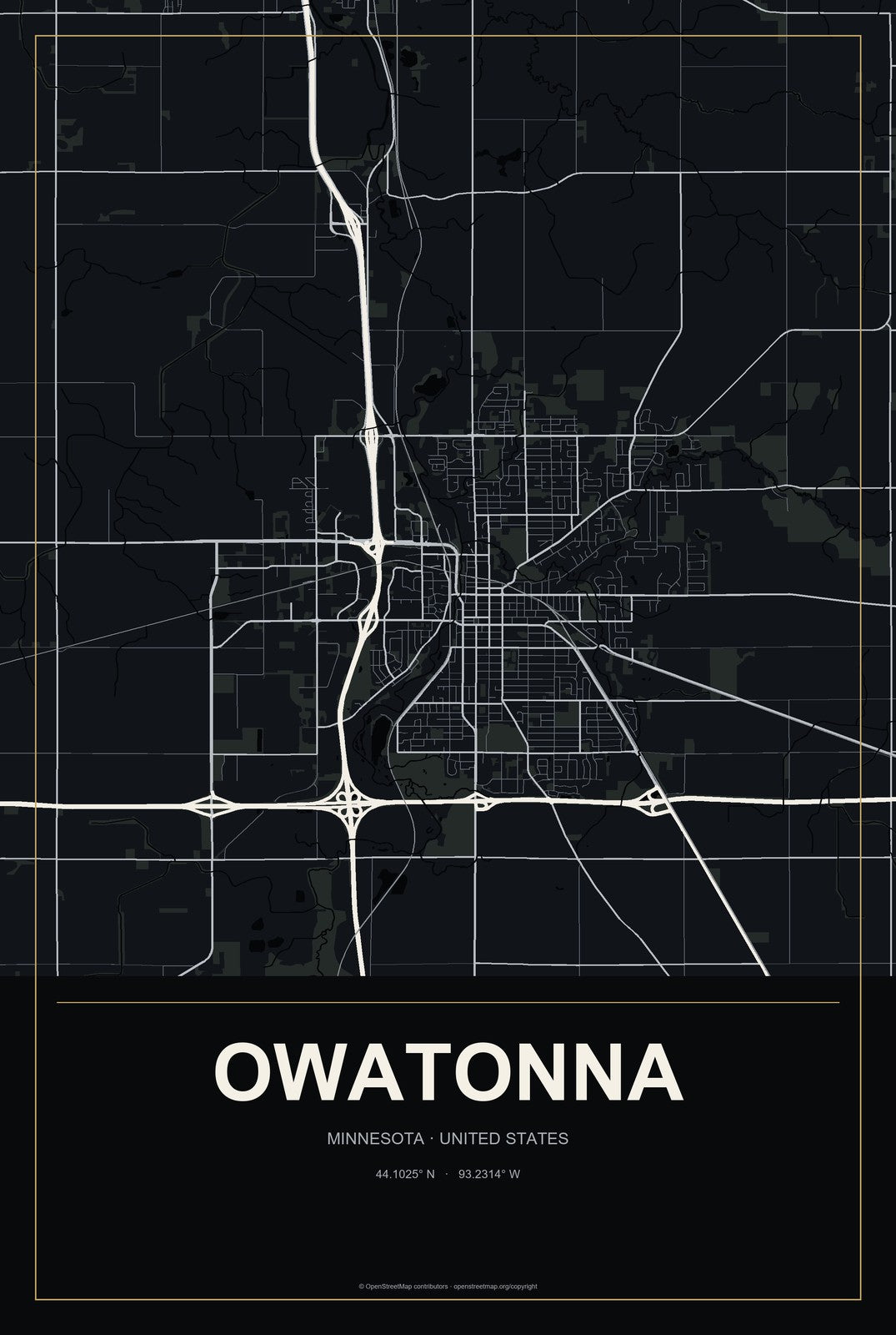 Owatonna, Minnesota City Map Aluminum Sign in Metropolitan Noir style