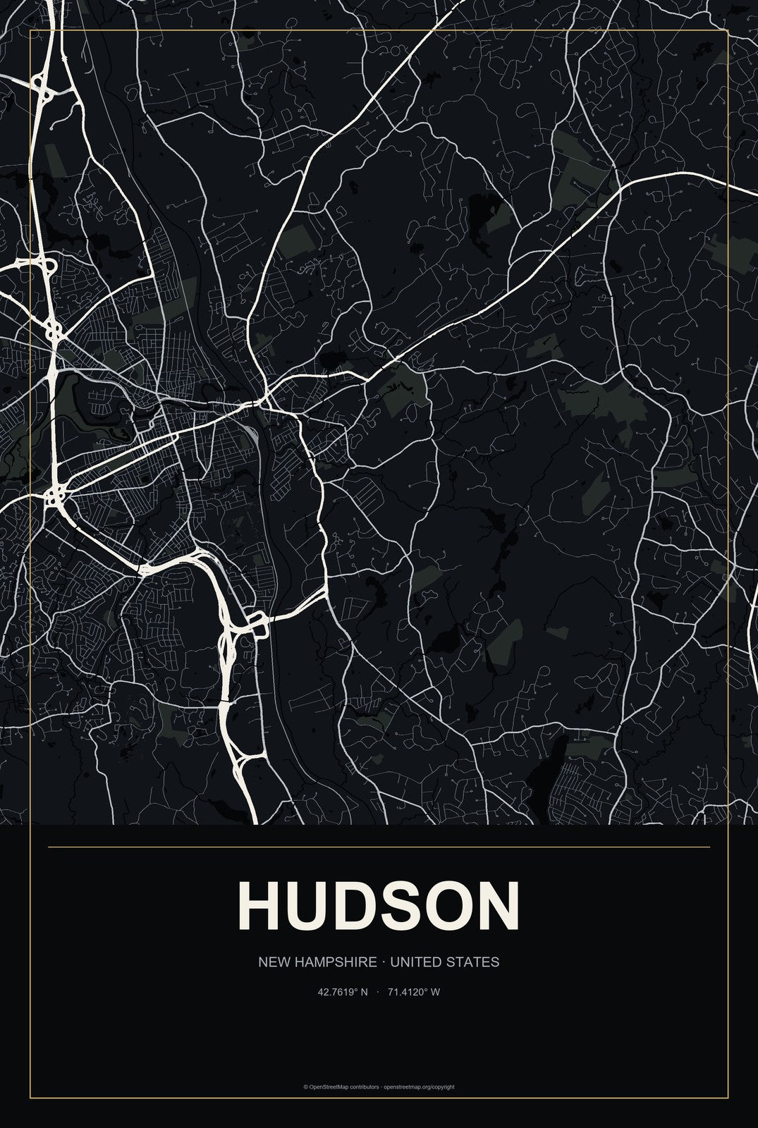 Hudson, New Hampshire City Map Aluminum Sign in Metropolitan Noir style