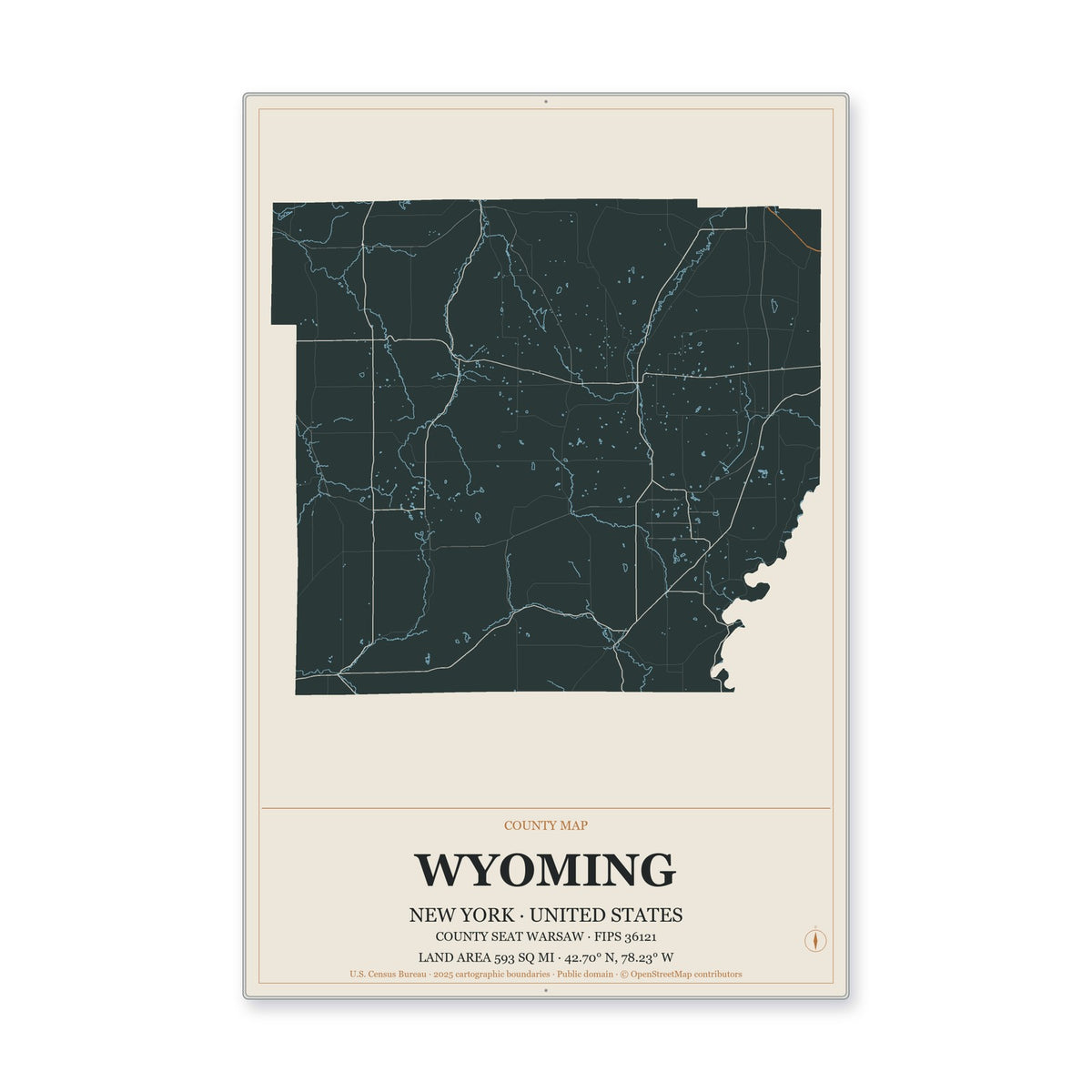 Wyoming County, New York Map Aluminum Sign in Headline Atlas style