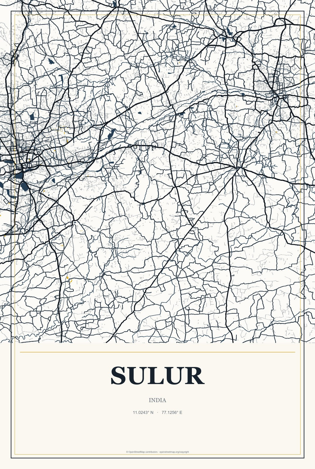 Sulur, India City Map Aluminum Sign in Citrine Modern style