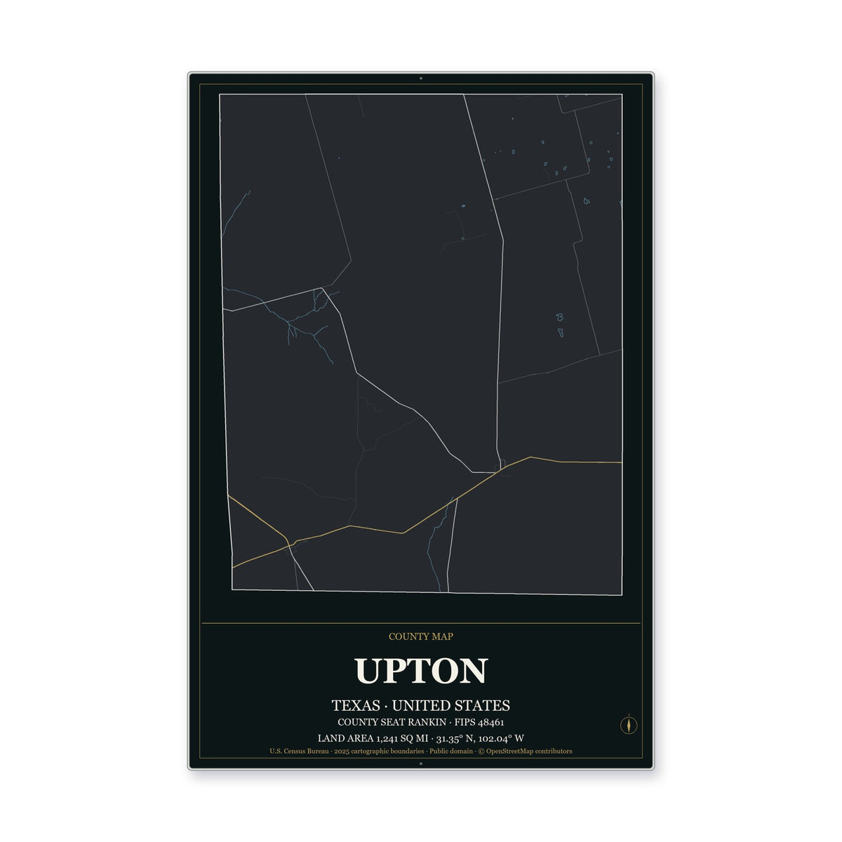 Upton County, Texas Map Aluminum Sign in Metropolitan Noir style