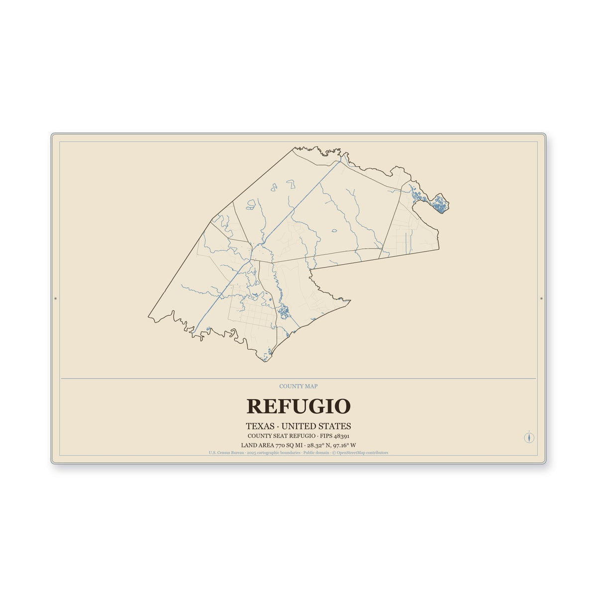 Refugio County, Texas Map Aluminum Sign in Heritage Nautical style