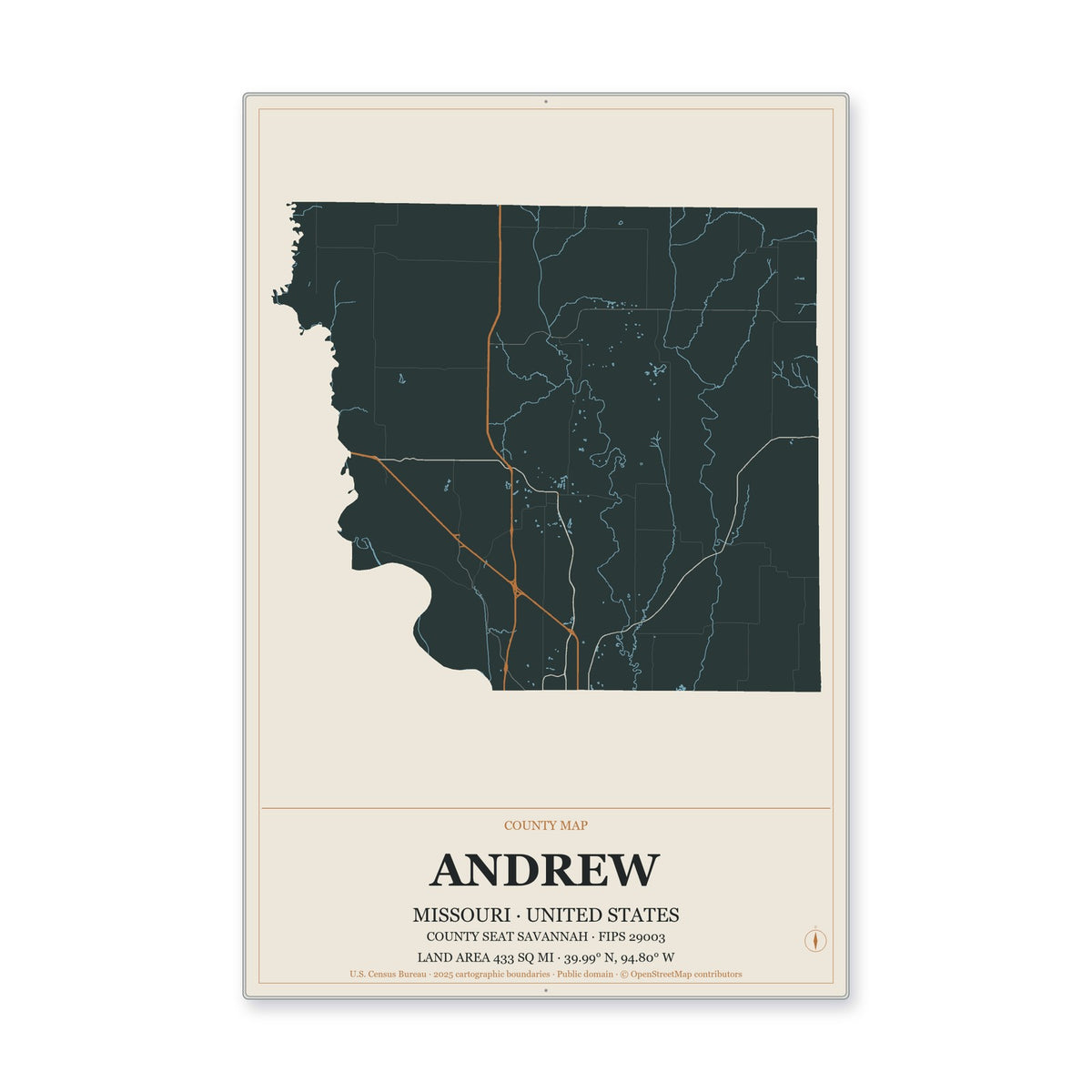 Andrew County, Missouri Map Aluminum Sign in Headline Atlas style