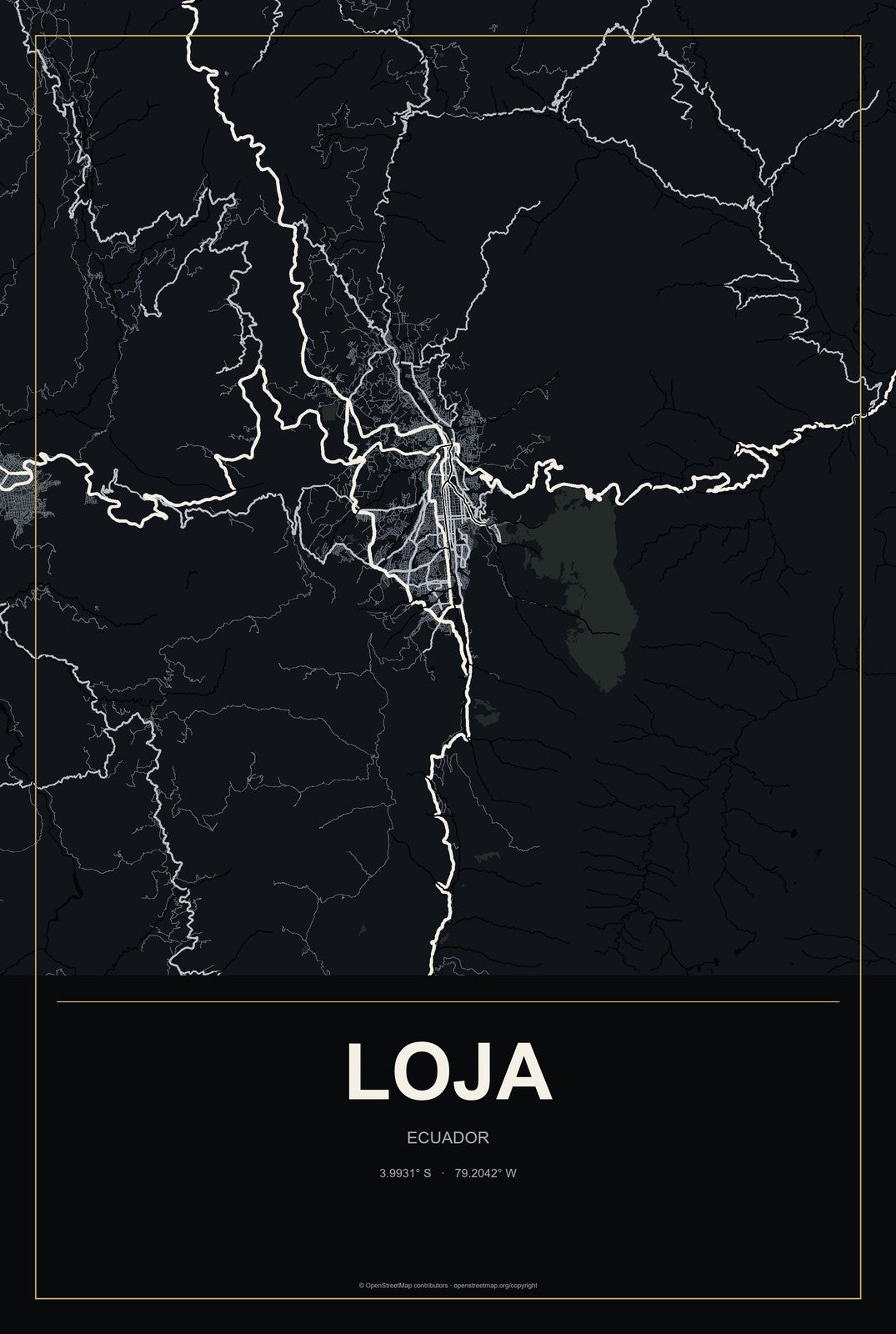 Loja, Ecuador City Map Aluminum Sign in Metropolitan Noir style
