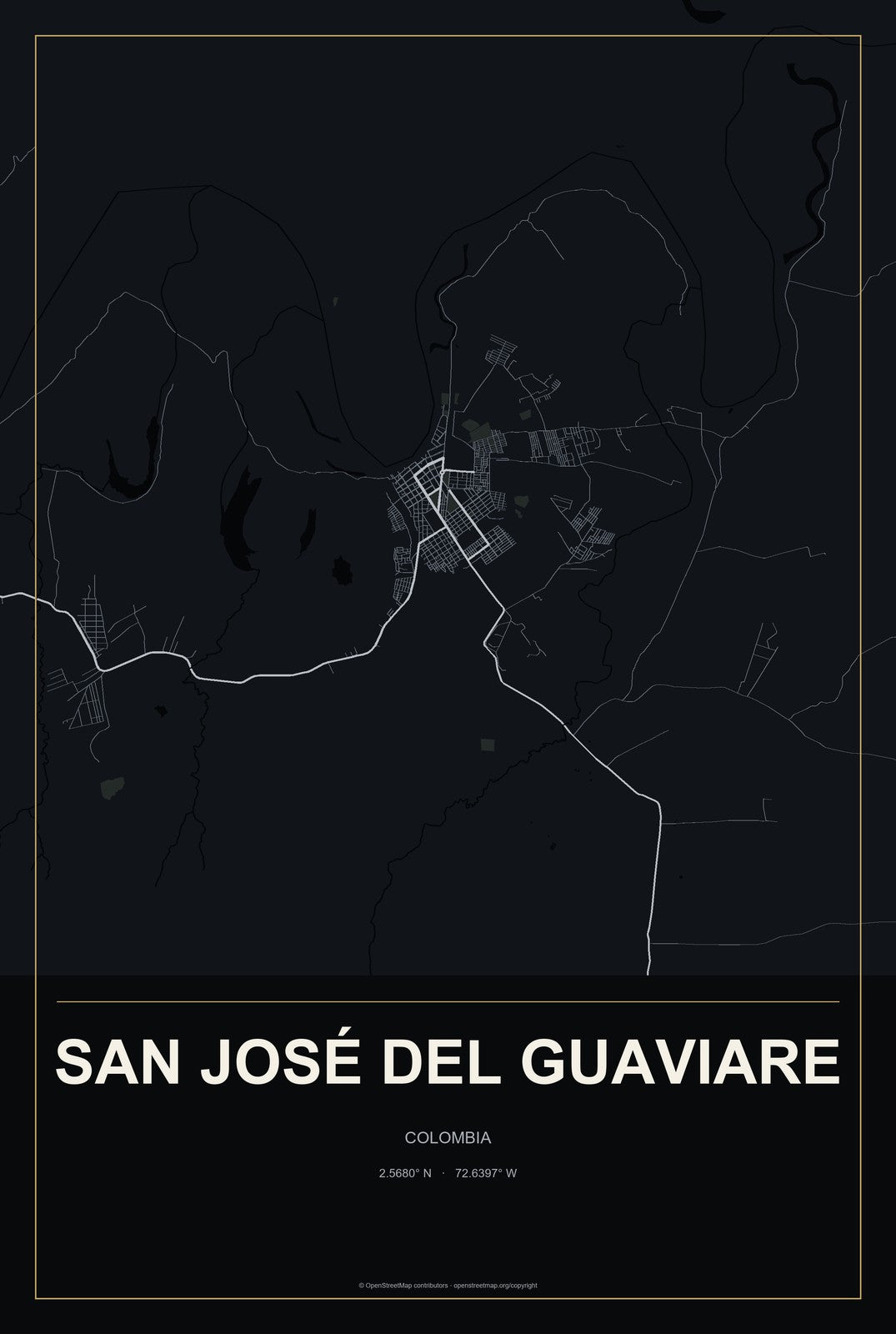 San José del Guaviare, Colombia City Map Aluminum Sign in Metropolitan Noir style