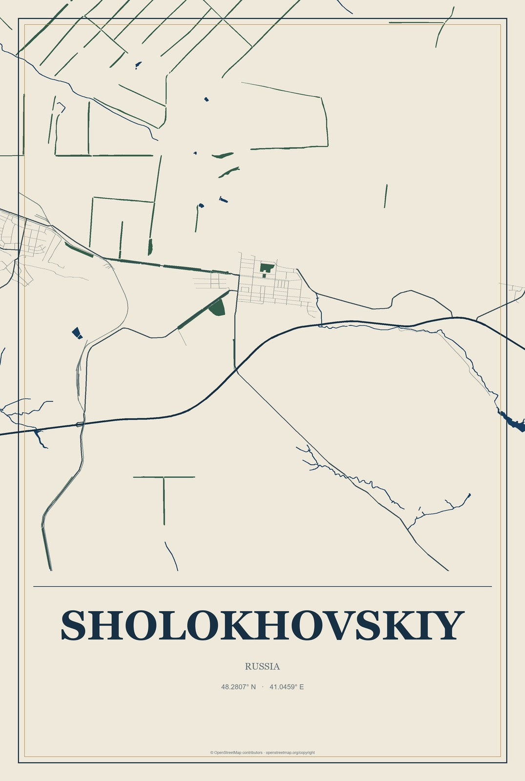 Sholokhovskiy, Russia City Map Aluminum Sign in Coastal Cutout style
