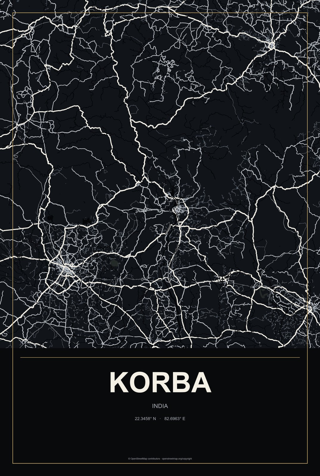Korba, India City Map Aluminum Sign in Metropolitan Noir style