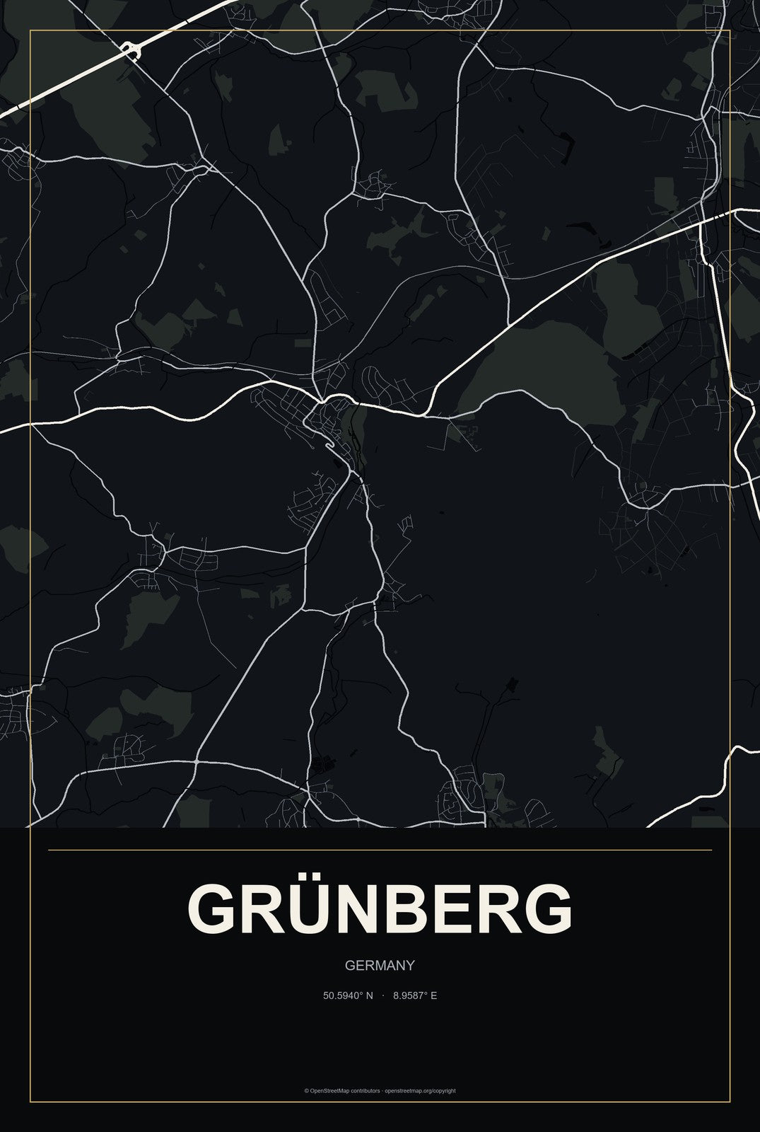 Grünberg, Germany City Map Aluminum Sign in Metropolitan Noir style
