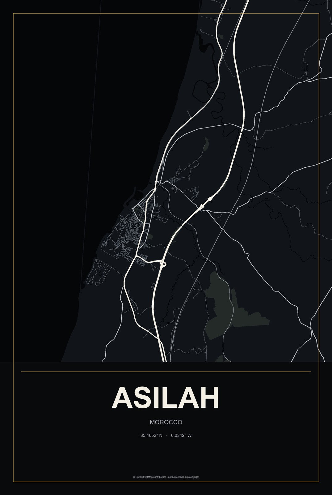 Asilah, Morocco City Map Aluminum Sign in Metropolitan Noir style