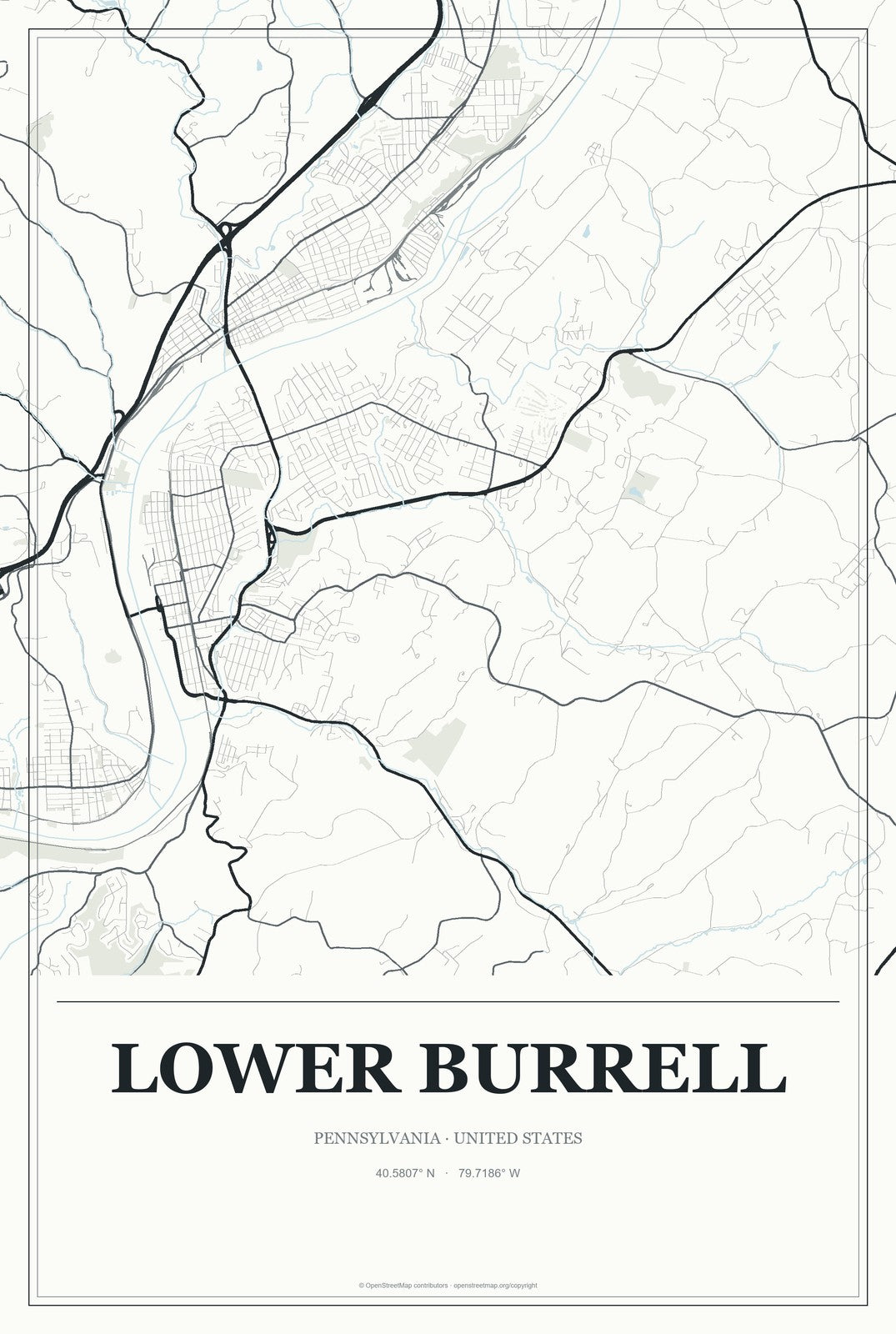 Lower Burrell, Pennsylvania City Map Aluminum Sign in Gallery Air style