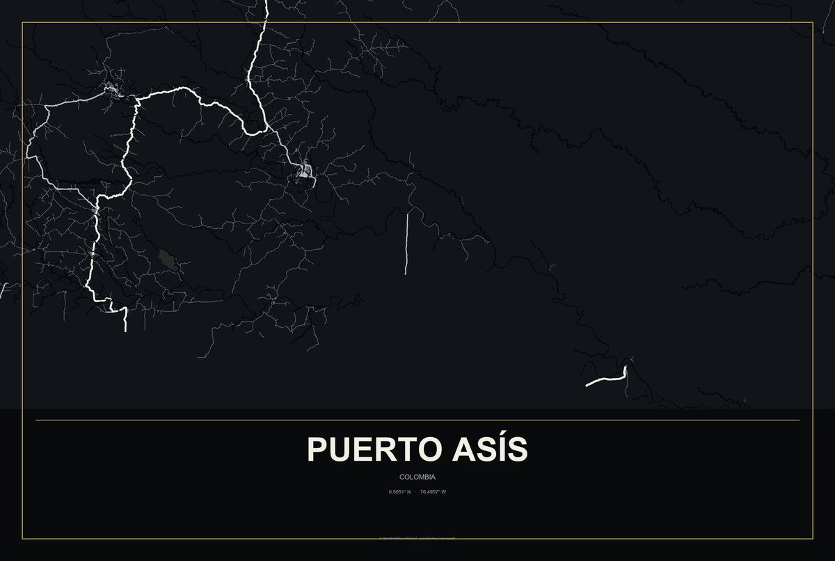 Puerto Asís, Colombia City Map Aluminum Sign in Metropolitan Noir style