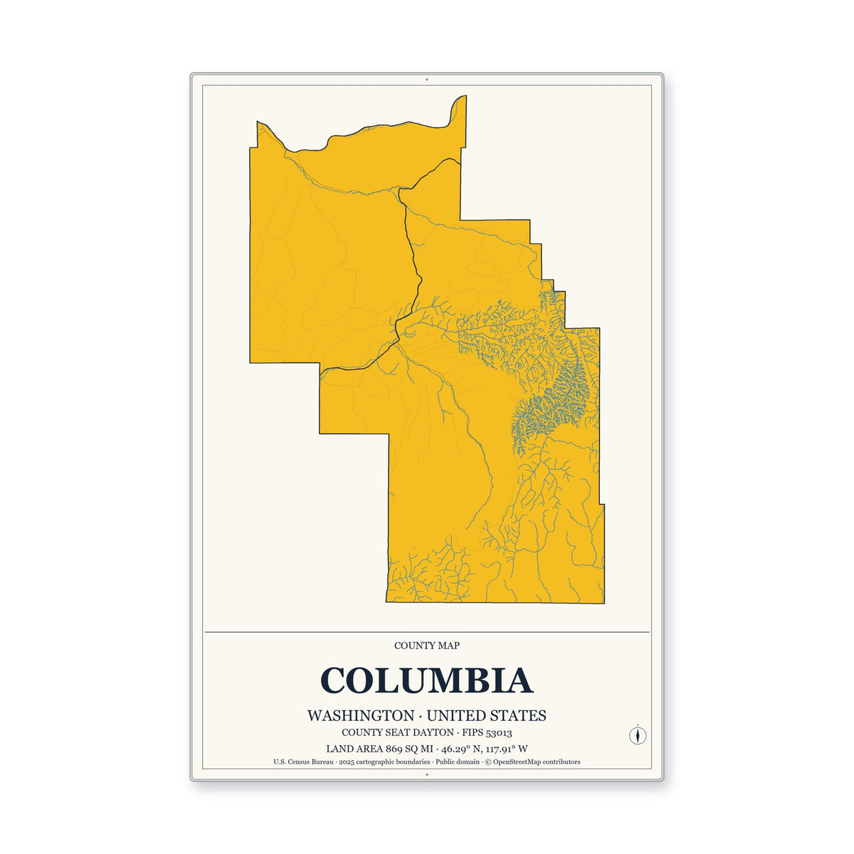Columbia County, Washington Map Aluminum Sign in Citrine Modern style