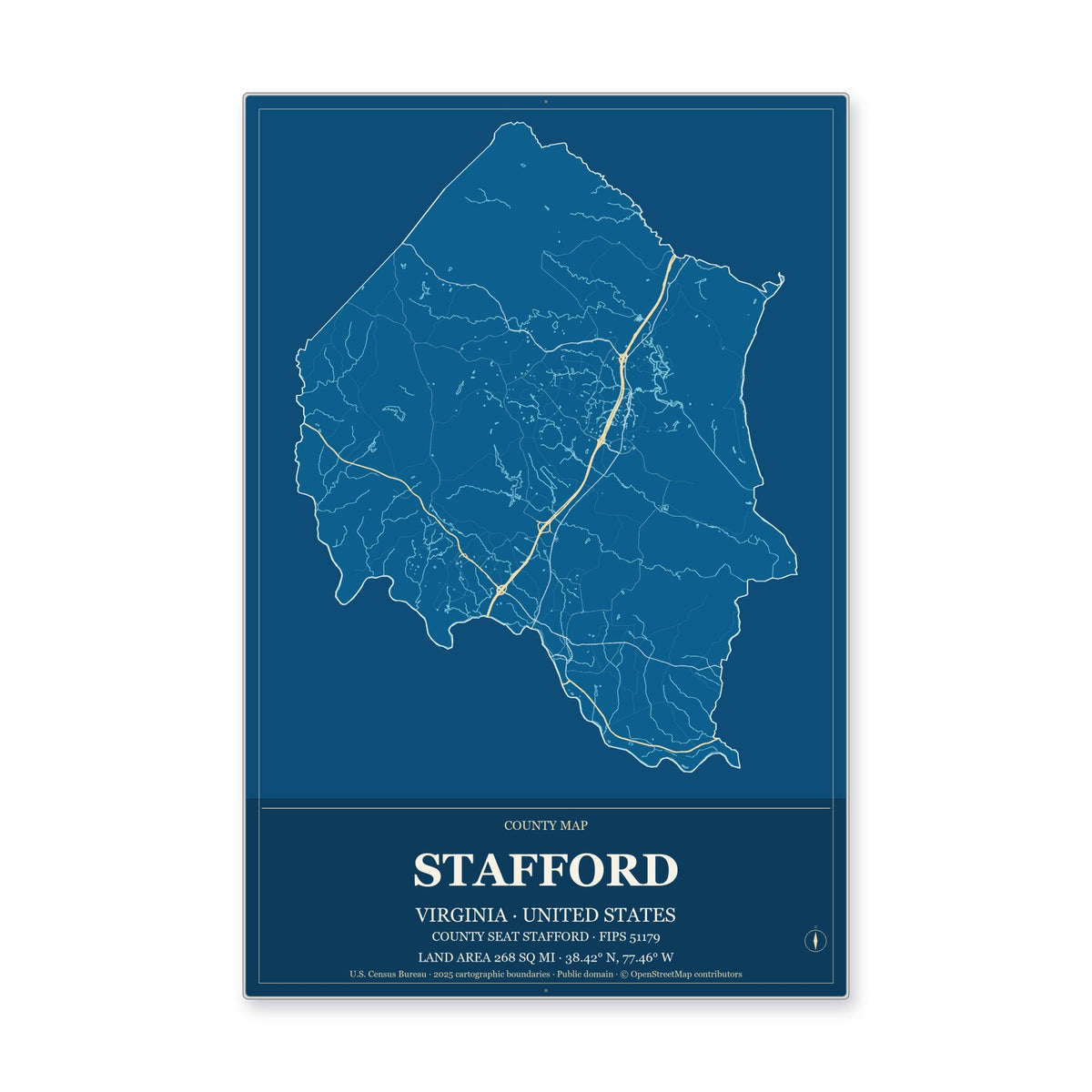 Stafford County, Virginia Map Aluminum Sign in Harbor Cobalt style