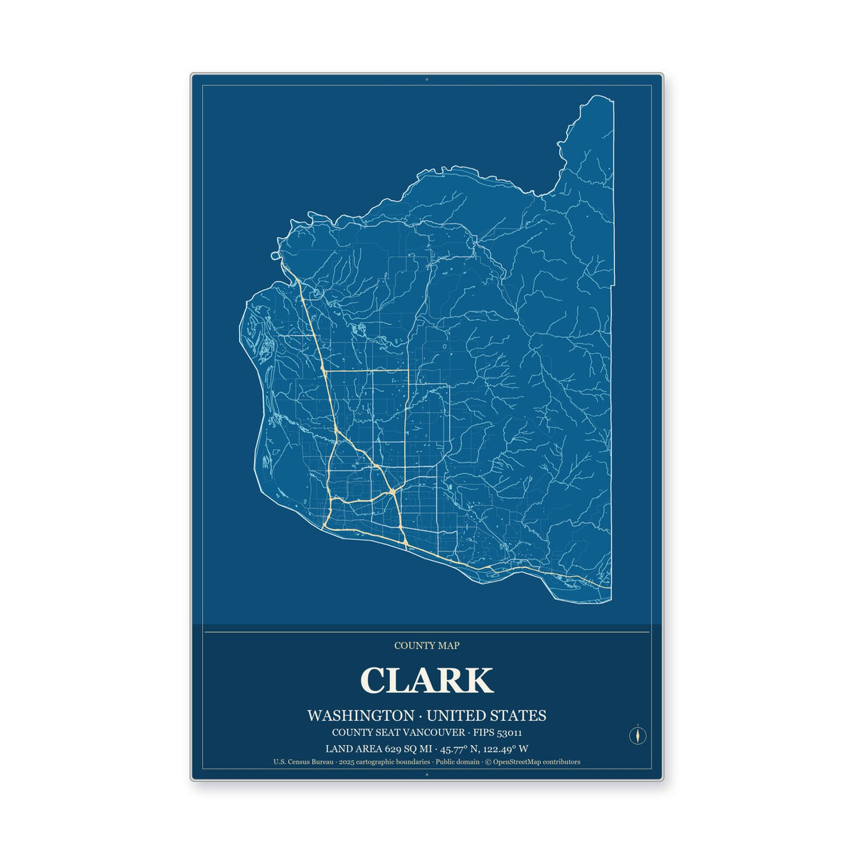 Clark County, Washington Map Aluminum Sign in Harbor Cobalt style