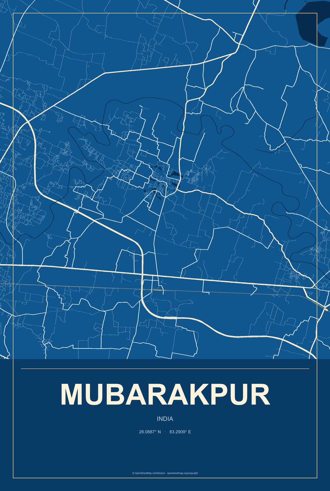 Mubarakpur, India City Map Aluminum Sign in Harbor Cobalt style
