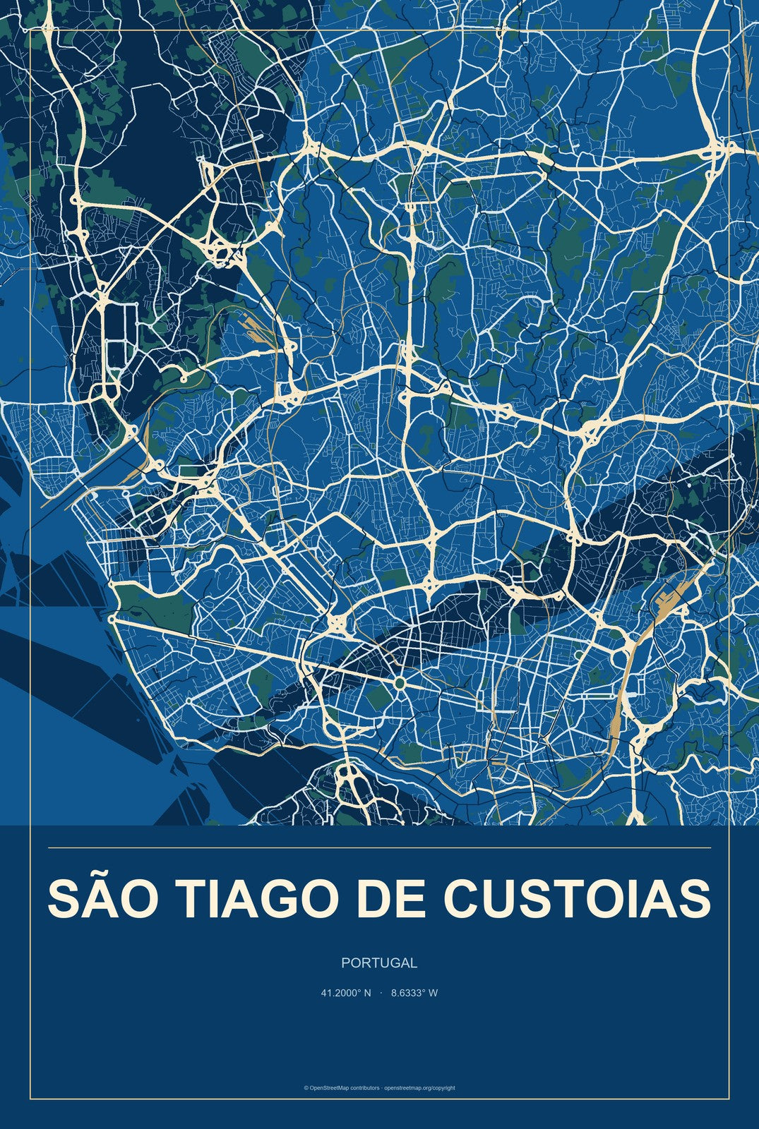 São Tiago de Custoias, Portugal City Map Aluminum Sign in Harbor Cobalt style