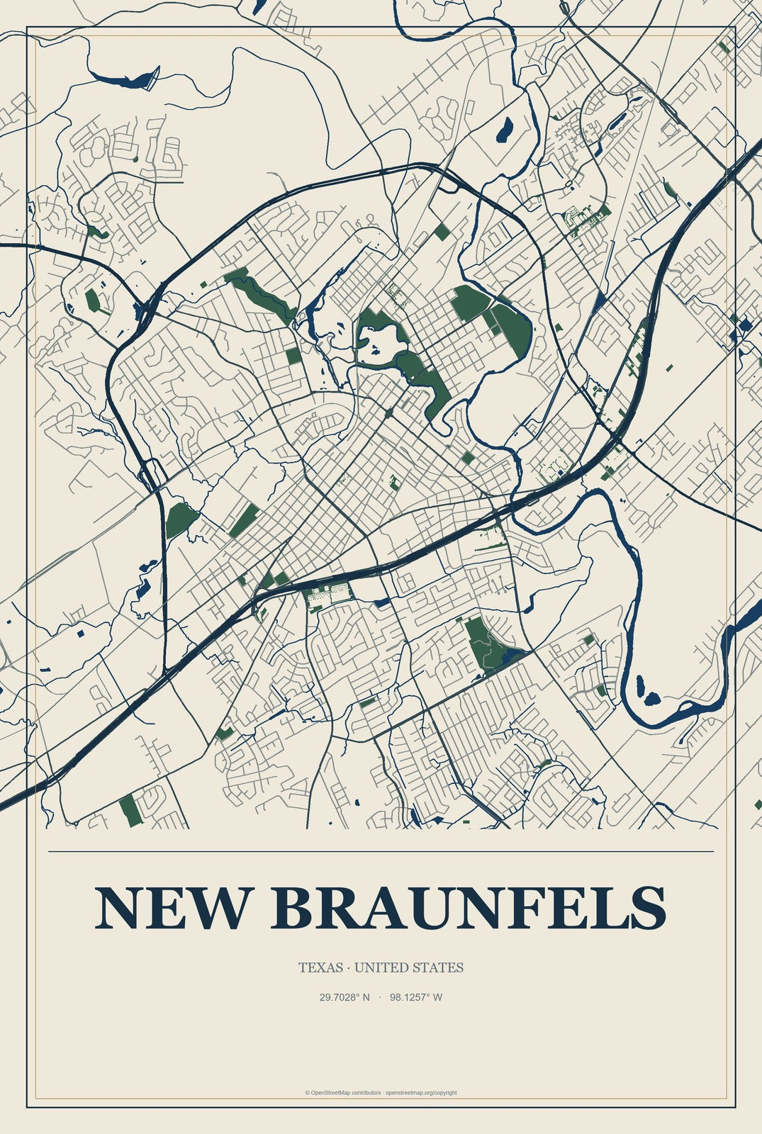 New Braunfels, Texas City Map Aluminum Sign in Coastal Cutout style