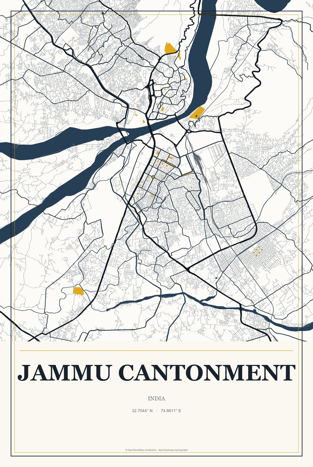 Jammu Cantonment, India City Map Aluminum Sign in Citrine Modern style