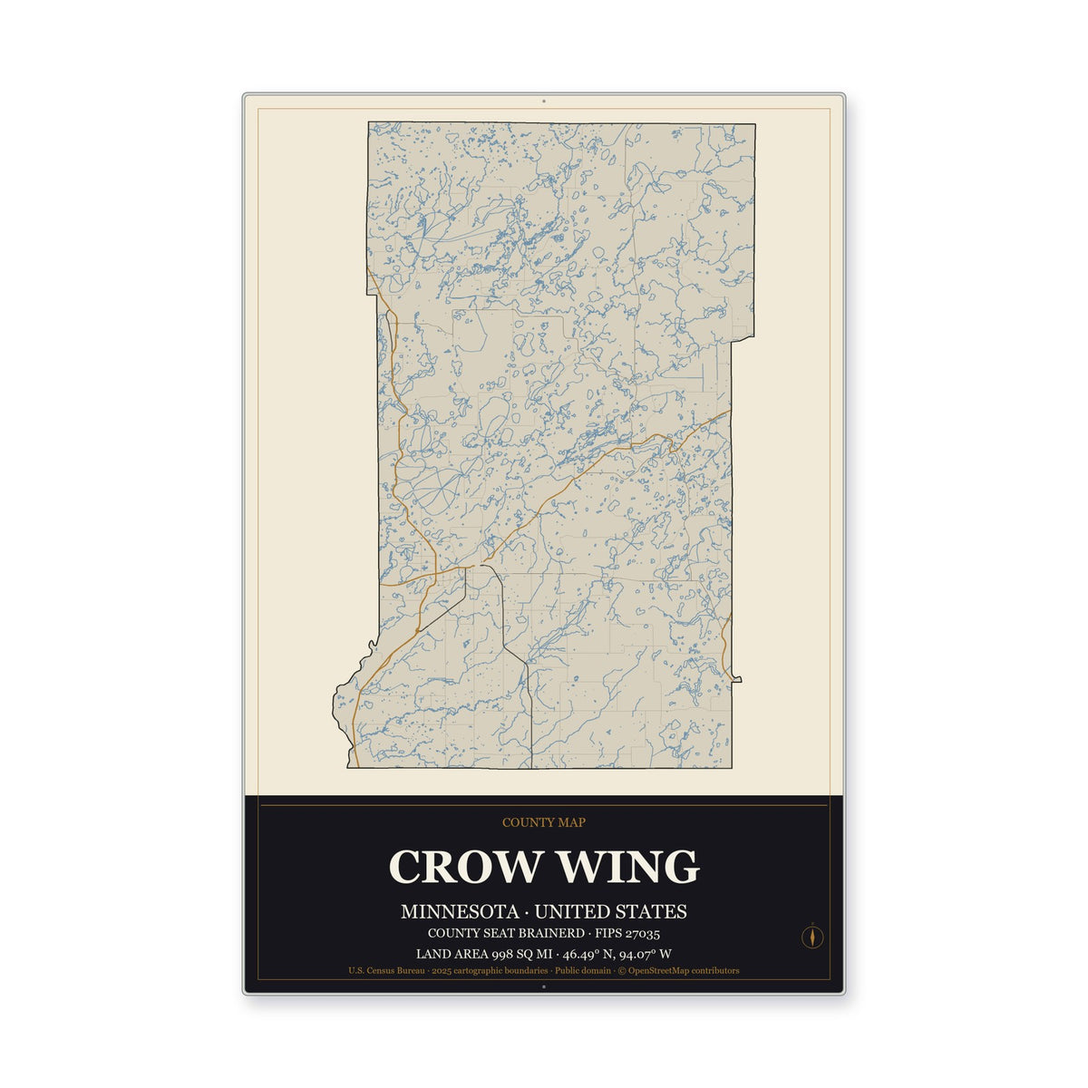 Crow Wing County, Minnesota Map Aluminum Sign in Museum Plaque style