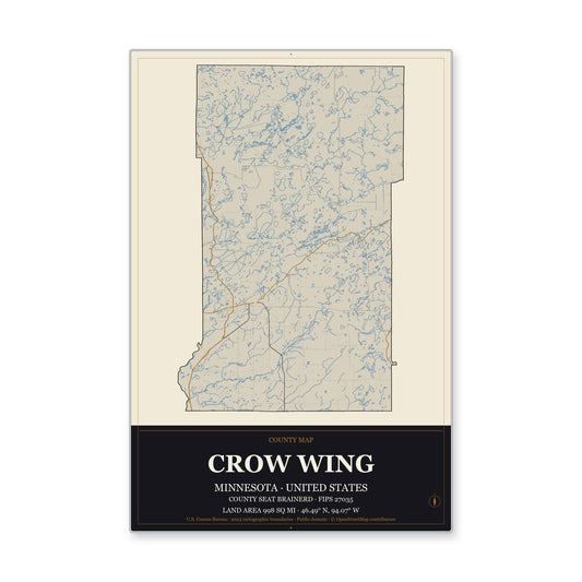 Crow Wing County, Minnesota Map Aluminum Sign in Museum Plaque style