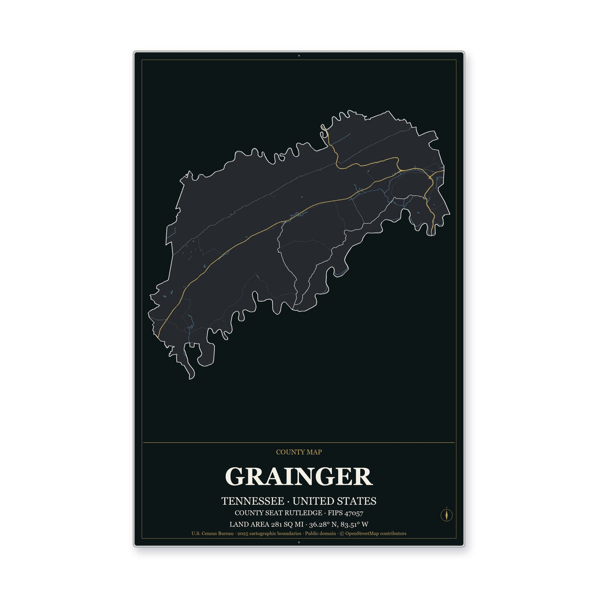 Grainger County, Tennessee Map Aluminum Sign in Metropolitan Noir style