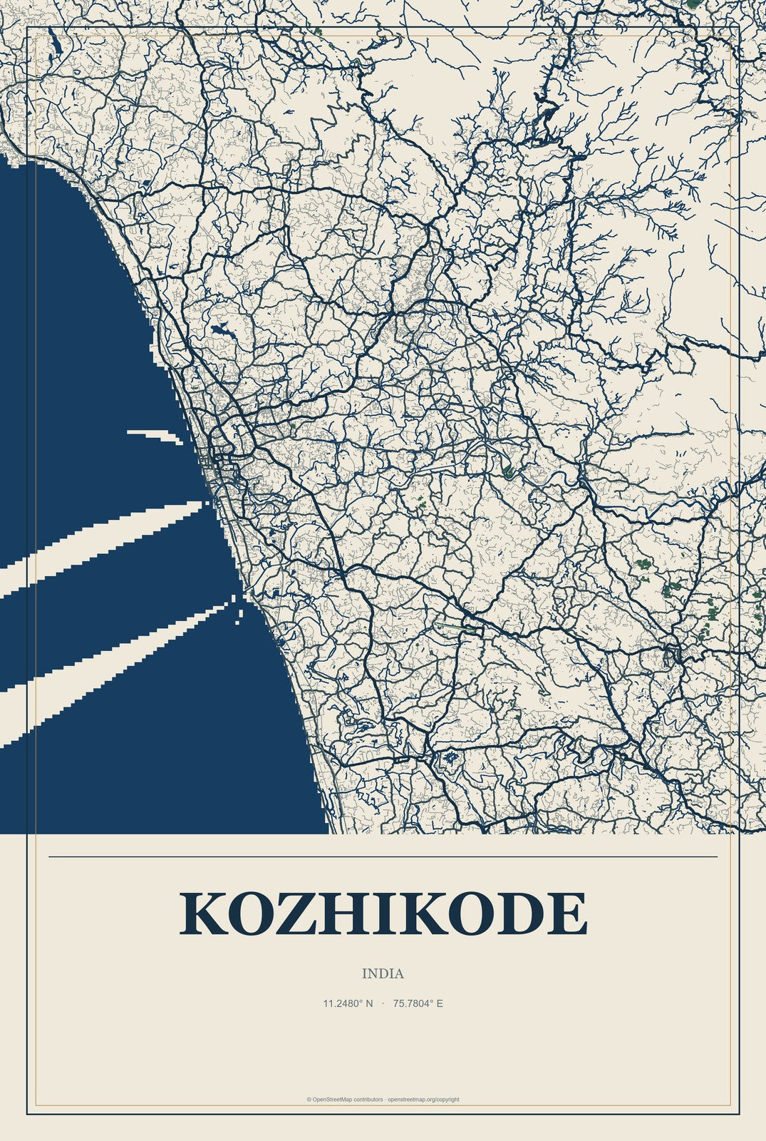 Kozhikode, India City Map Aluminum Sign in Coastal Cutout style