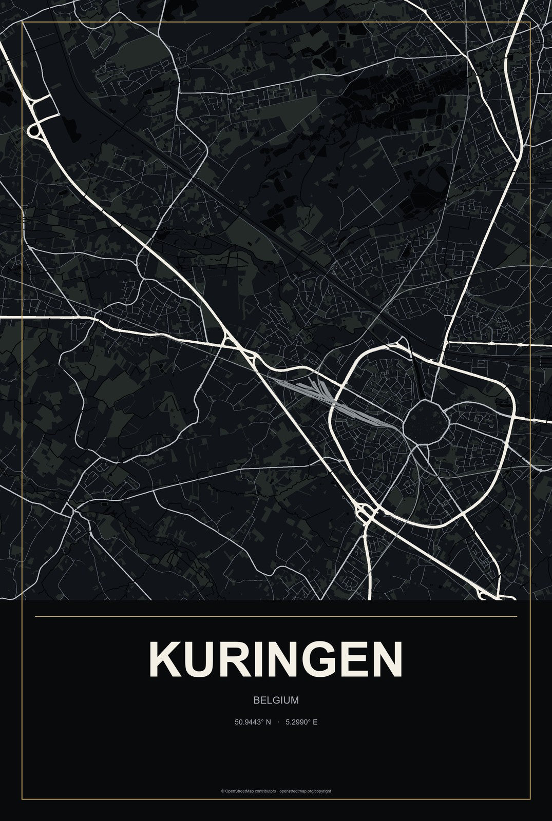Kuringen, Belgium City Map Aluminum Sign in Metropolitan Noir style