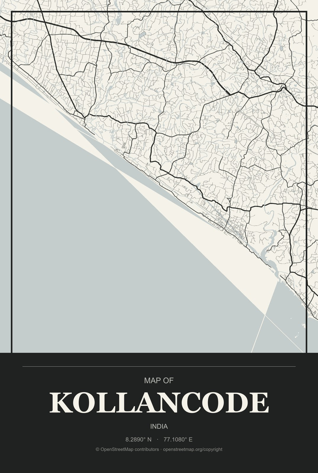 Kollancode, India City Map Aluminum Sign in Museum Plaque style